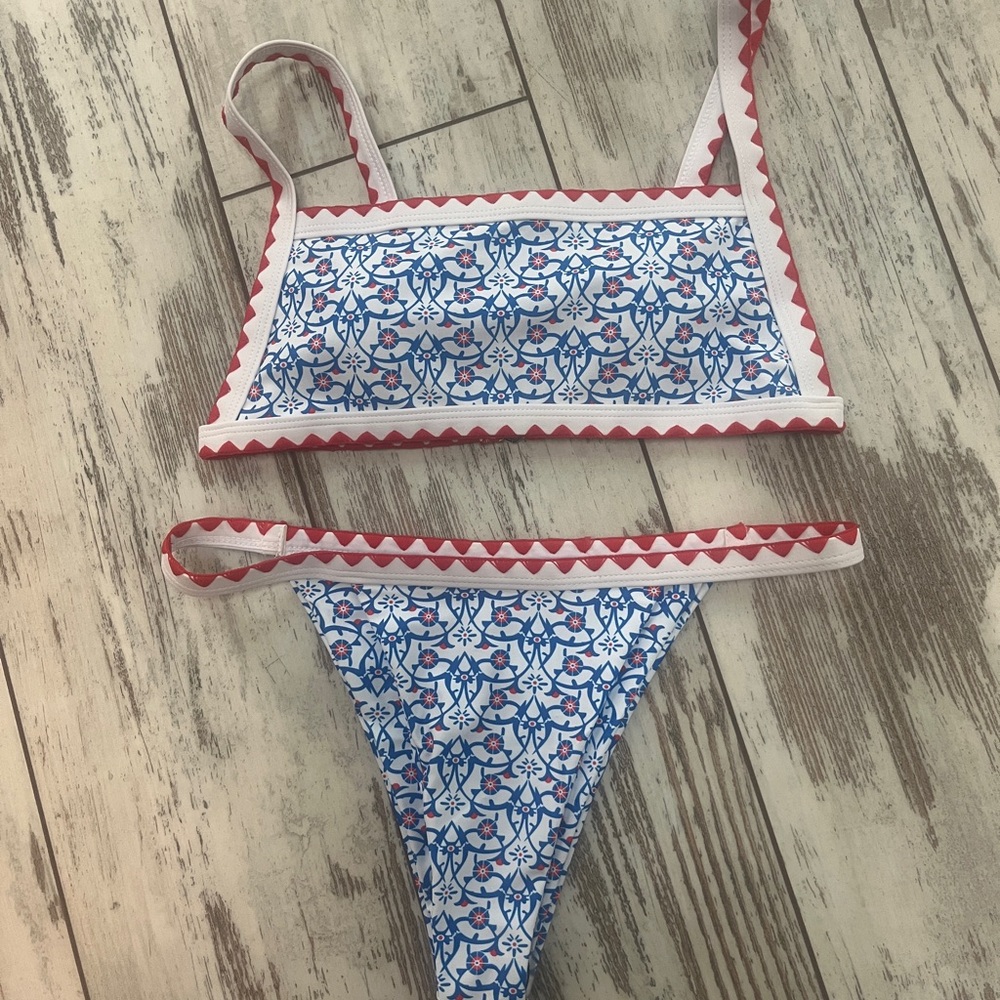 Floral Print Tape Detail Bikini – Blue & White with Red Trim | Women's Small